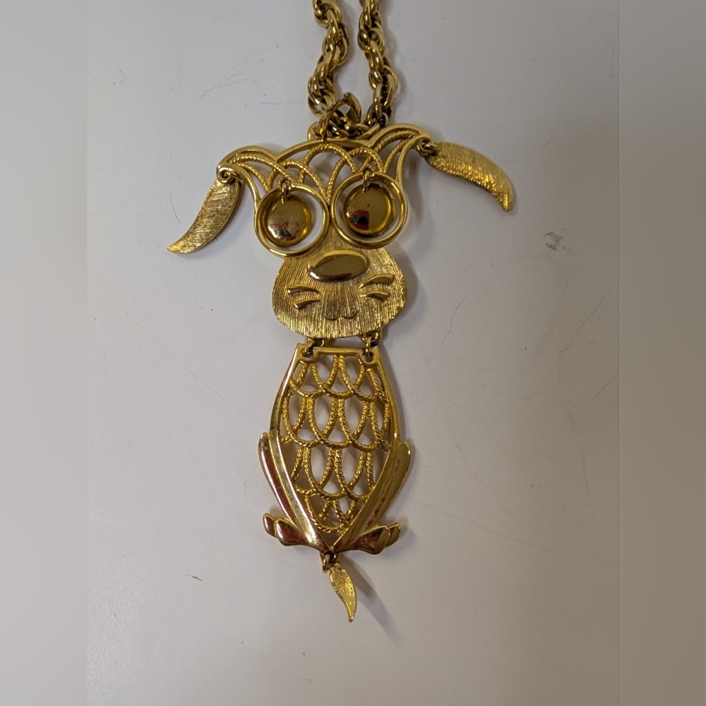 VINTAGE Gold Dog Movable Pendant Necklace
